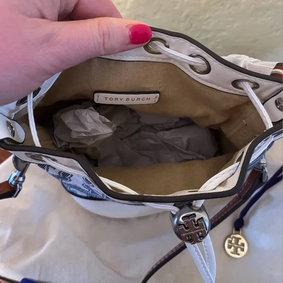 Tory Burch Mini T Monogram Denim Bucket Bag - Picture 7 of 8